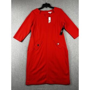 New York & Company Dress Womens Large Red Stretch Sheath 3/4 Sleeve Pockets NWT
